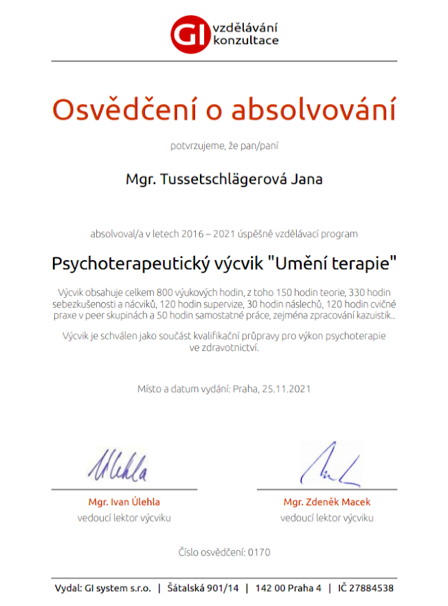 Osvědčení o absolvování výcviku v systemické psychoterapii
